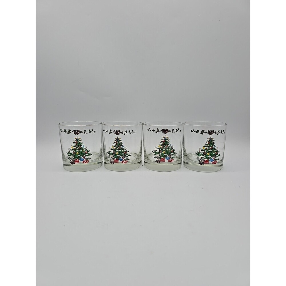 Vintage Set of 4 Holiday Rocks Glasses Christmas Tree Design 1980's